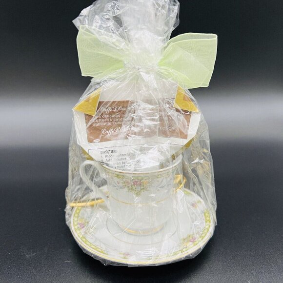 Floral Lattice Coffee Cup and Saucer Gold Trim Gift Set Spoon Espresso Wrapped - Picture 6 of 10